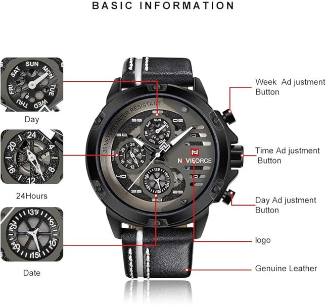 NAVIFORCE Sport Military Watches for Men Waterproof Watch Analog Quartz Leather Band Date Calendar Clock Wristwatch