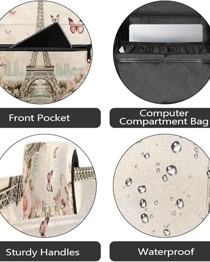Large Backpack with 15.6 Inch Laptop Compartment, Retro Paris Tower Roses Adult Backpack for Work, Travel & School College Boys Girls
