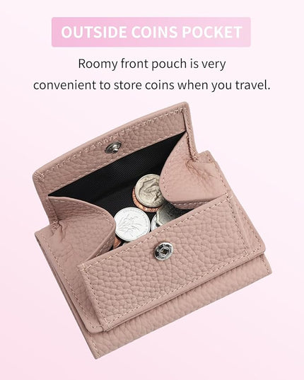 Plinvo Real Leather RFID Blocking Small Wallet for Women with Coin Pouch Trifold Mini Pocket Wallet with Cash Slot & Card Holders (Pink Mist)