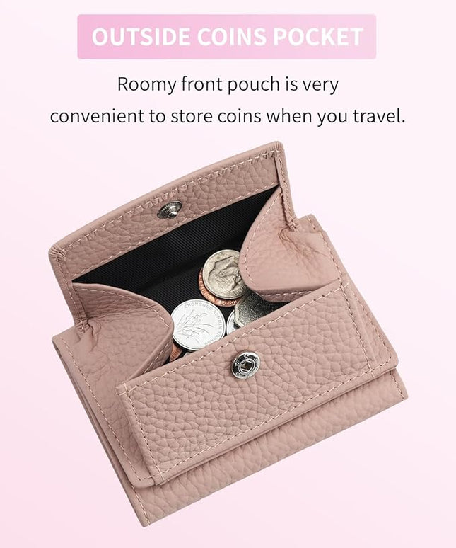 Plinvo Real Leather RFID Blocking Small Wallet for Women with Coin Pouch Trifold Mini Pocket Wallet with Cash Slot & Card Holders (Pink Mist)