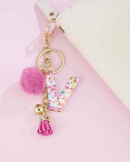 Resin Alphabet Initial Letter Keychain Keyring for Women Purse Handbags With Fur Ball Pom