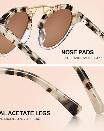 CARFIA Small Face Acetate Polarized Sunglasses for Women UV Protection, Retro Double Bridge Eyewears Metal Brow Round Sunnies