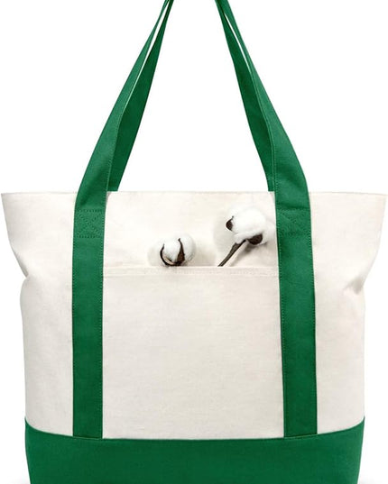 TOPDesign 3-Pack Canvas Tote Bags with an External Pocket, Reusable Grocery Shopping Bags, Top Zipper Closure, Daily Essentials (Green/Natural)
