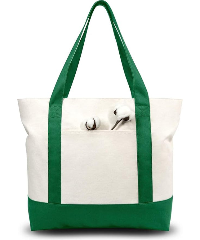 TOPDesign 3-Pack Canvas Tote Bags with an External Pocket, Reusable Grocery Shopping Bags, Top Zipper Closure, Daily Essentials (Green/Natural)