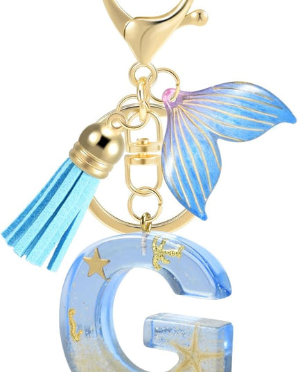 Initial letter Keychains for Women, Ocean Series Avowing Protect Earth Environment, Tassel Cute Car Keychain Initial Key Chain Keyring for Bookbag Handbag Backpack Charm Key Ring Unisex (Letter G)