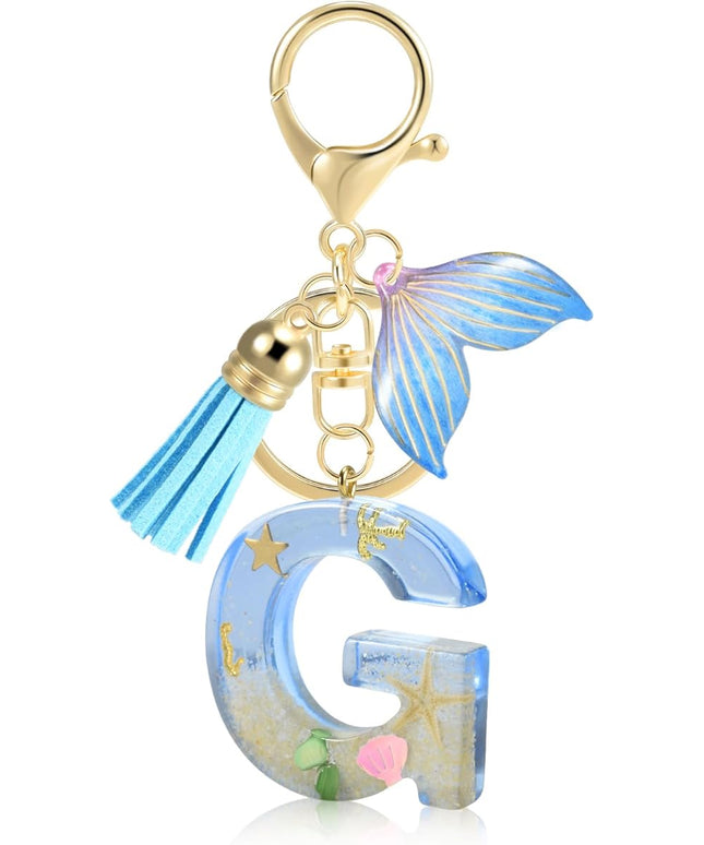Initial letter Keychains for Women, Ocean Series Avowing Protect Earth Environment, Tassel Cute Car Keychain Initial Key Chain Keyring for Bookbag Handbag Backpack Charm Key Ring Unisex (Letter G)