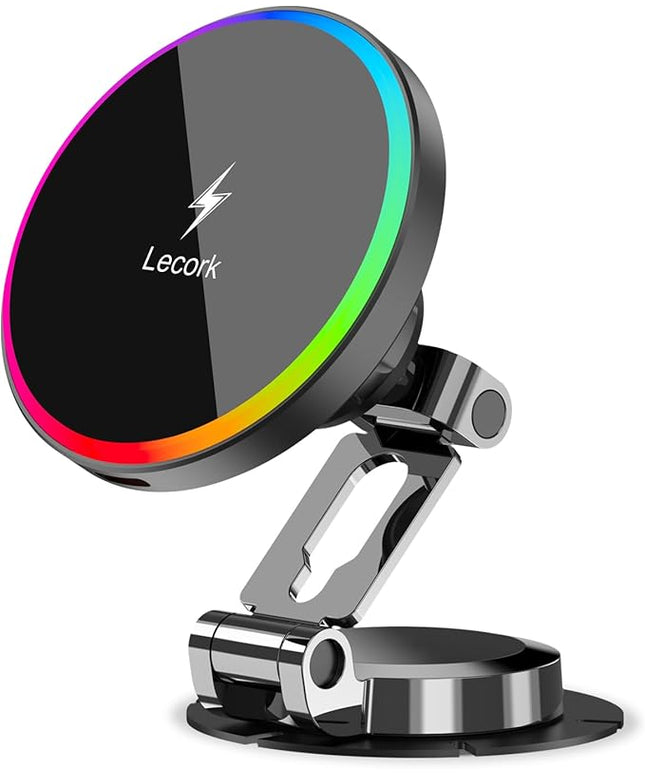 Lecork for Magsafe Car Mount Charger, 15W Magnetic Wireles Car Charger for iPhone 12 13 14 15 16 Series, Stick On Dashboard Phone Holder Mount for Samsung S25 Series, Zinc Alloy Shell, Black