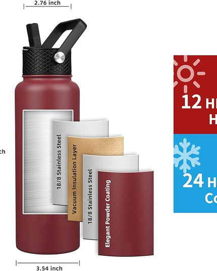 Insulated Water Bottle 40oz,Triple Wall Vacuum Stainless Steel(Dishwasher Safe),Leak Proof & Non-BPA,Flask Jug with Paracord Handle & Straw Spout Lids Sports Red