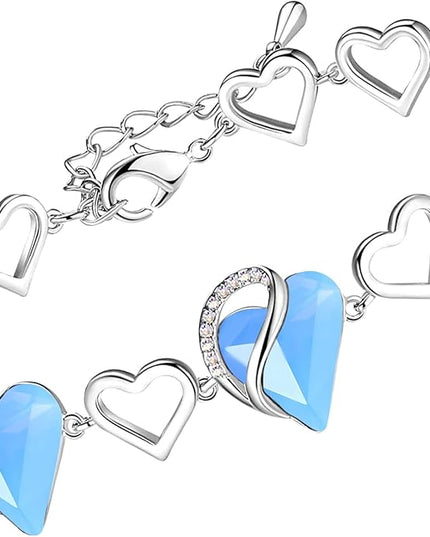 Leafael Infinity Love Heart Link Bracelets, Birthstone or Healing Stone Crystal Bracelet for Women, Silver Tone Jewelry Gifts for Her, 7-inch Chain and 2-inch Extender