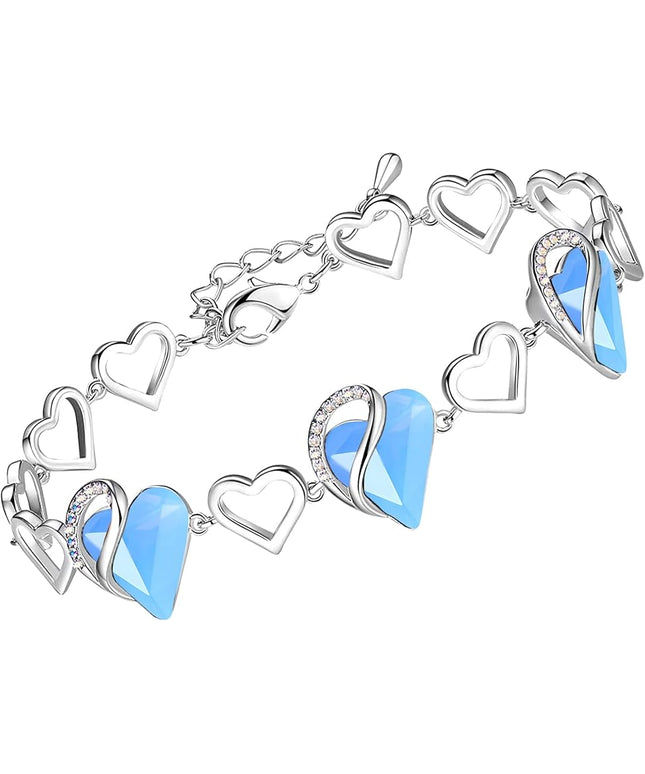 Leafael Infinity Love Heart Link Bracelets, Birthstone or Healing Stone Crystal Bracelet for Women, Silver Tone Jewelry Gifts for Her, 7-inch Chain and 2-inch Extender