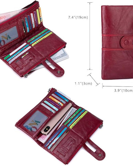 myfriday Women's RFID Blocking Genuine Leather Wallet, Bifold Long Clutch Wallet Money Clips Ladies Card Holder Purse