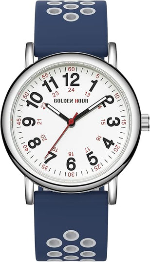 GOLDEN HOUR Waterproof Nurse Watch for Medical Professionals, Students Women Men - Military Time Luminouse Easy Read Dial, 24 Hour with Second Hand, Colorful Silicone Band