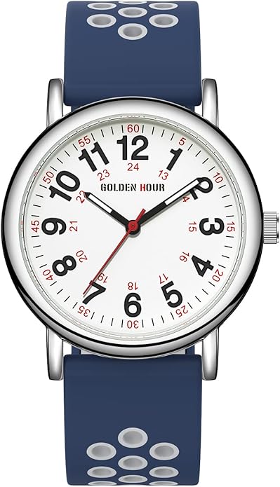 GOLDEN HOUR Waterproof Nurse Watch for Medical Professionals, Students Women Men - Military Time Luminouse Easy Read Dial, 24 Hour with Second Hand, Colorful Silicone Band