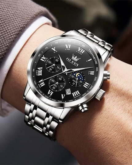 OLEVS Mens Watch Luxury Big Face Stainless Steel Analog Quartz Multifunctional Waterproof Luminous Date Two Tone Fashion Dress Wrist Watches for Man