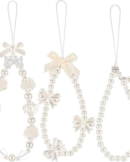 Ecally 3 Pcs Phone Charms Strap Camera Charm Strap Pearl Beaded Butterfly Bow Flower Cute Phone Wrist Lanyard Bracelet for Camera Keychain Wallet Decor Christmas New Year Gifts