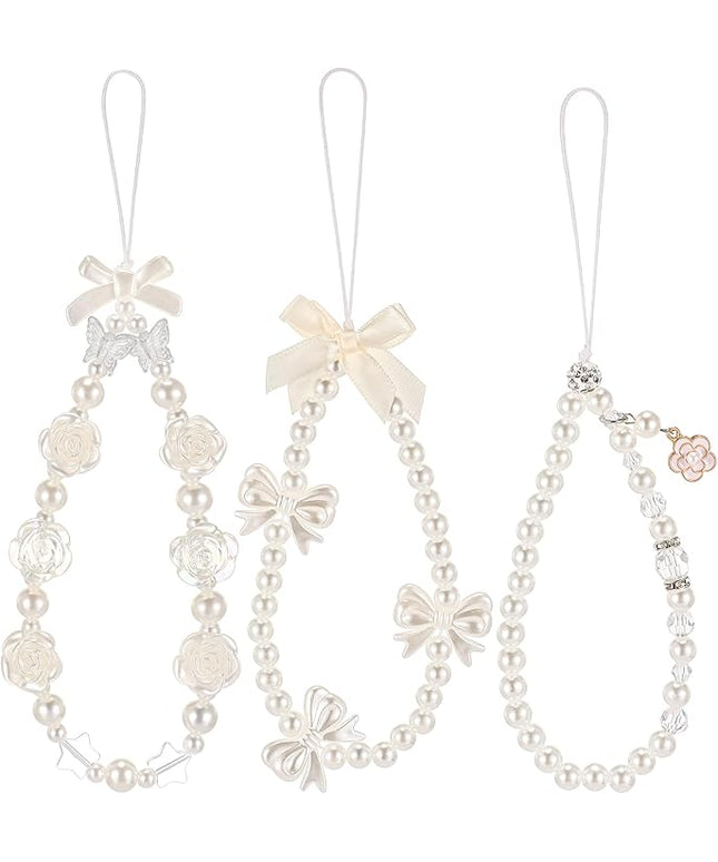 Ecally 3 Pcs Phone Charms Strap Camera Charm Strap Pearl Beaded Butterfly Bow Flower Cute Phone Wrist Lanyard Bracelet for Camera Keychain Wallet Decor Christmas New Year Gifts