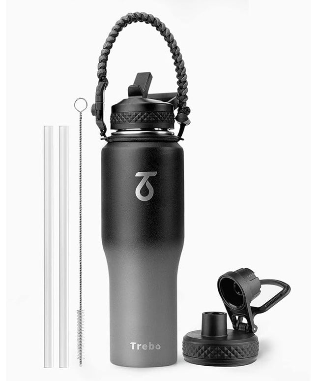 Trebo Water Bottle 32oz with Paracord Handle,Food-grade Double Wall Vacuum Stainless Steel Insulated Tumbler Flask with Straw Spout Lids,Leakproof Keep Cold & Hot,Fit in Any Car Cup Holder,Dark Gray