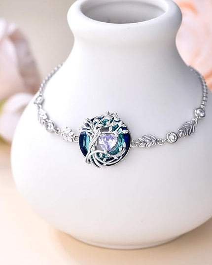 TOUPOP Tree of Life Birthstone Bracelet 925 Sterling Silver Family Tree Austrian Crystal Jewelry Anniversary Birthday Christmas Gifts for Women Wife Girlfriend Her