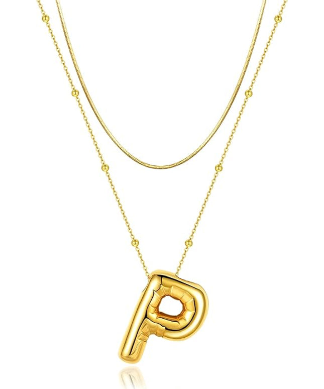 LUCA SMITH Initial Necklaces for Women, Dainty Balloon Bubble Letter, Name Letter Alphabet Pendant Layered Choker Chain Jewelry Gift