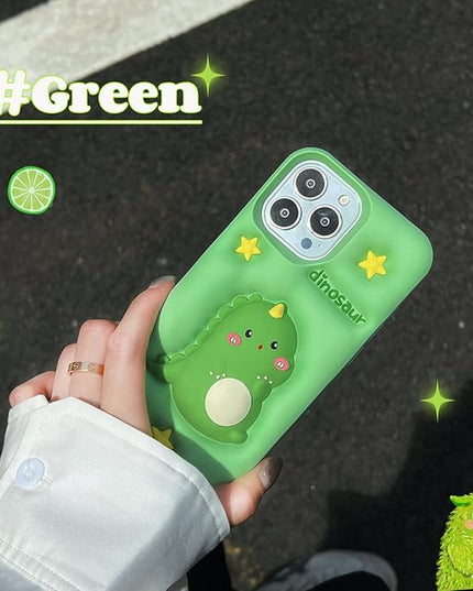 Dinosaur Case Compatible with iPhone 16 Pro,Cute 3D Cartoon Green Dinosaur Decompression Funny Kawaii Soft Silicone Gel Drop Protection Cover for Women Girls