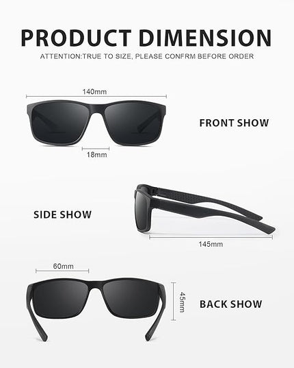 Polarized Sunglasses for Men Womens, Lightweight Mens Sunglasses UV Protection, Black Square Sun Glasses Driving Fishing Golf, Matte Black/Gray Lens