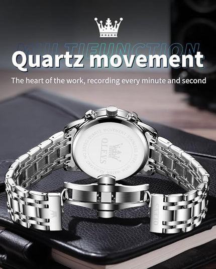 OLEVS Mens Watch Luxury Big Face Stainless Steel Analog Quartz Multifunctional Waterproof Luminous Date Two Tone Fashion Dress Wrist Watches for Man