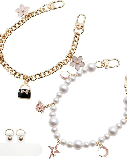 Pearl Beaded Phone Charm Wrist Strap,Cute Bracelet Wristlet Lanyard,Gold Double Chain for Phone Case,Purse Bag Wallet