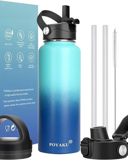 Water Bottle Insulated 32oz 40oz 64oz 128oz Straw Lid Spout Lid & 3 Lids, Leak Proof, Vacuum Insulated,Stainless Steel Water Bottle Wide Mouth for Sports, Gym or Office