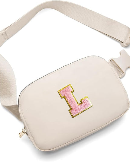 Gitus Belt Bag Fanny Pack Crossbody Bags with Initial Letter Patch Cute Stuff Birthday Gifts for Teenager Girls Trendy Preppy Stuff for Teen Girls(Beige-L)