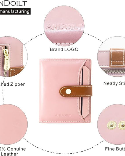 ANDOILT Wallets for Women Genuine Leather Small Bifold Wallet RFID Blocking Card Case Purse with ID Window Coin Pocket | Small, RFID Blocking, Card Case, Purse, with ID Window, Coin Pocket