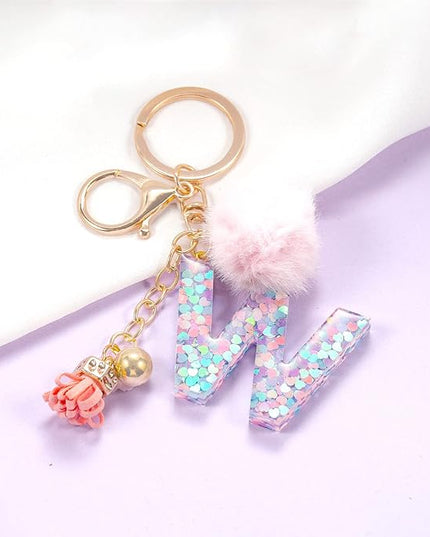 Resin Alphabet Initial Letter Keychain Keyring for Women Purse Handbags With Fur Ball Pom