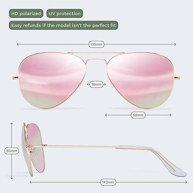 livho Sunglasses for Men Women Aviator Polarized Metal Mirror UV 400 Lens Protection (Rose Gold)