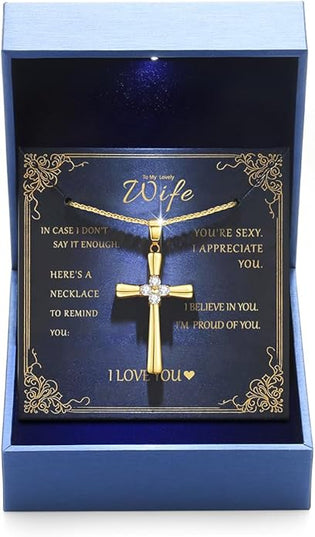 Gold Moissanite Cross Necklace for Women Wife in Light-Up Gift Box,Love Card - Women Anniversary Birthday Gifts Ideas for Wife Her Girlfriend, Christian Cross Chain Jewelry 1CT (18K Real Gold Filled)