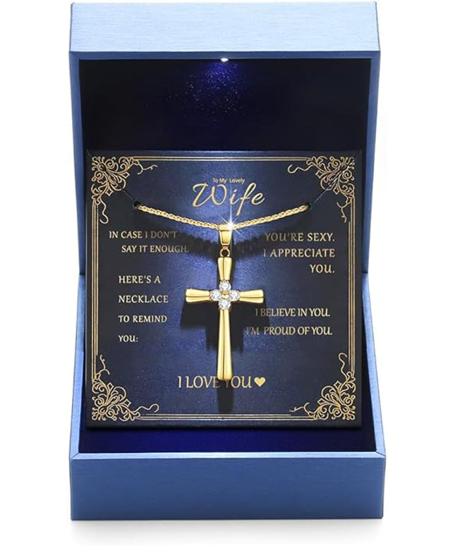 Gold Moissanite Cross Necklace for Women Wife in Light-Up Gift Box,Love Card - Women Anniversary Birthday Gifts Ideas for Wife Her Girlfriend, Christian Cross Chain Jewelry 1CT (18K Real Gold Filled)