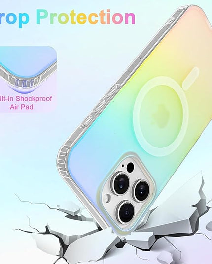 Cute Case for iPhone 16 Pro Case for Women Girls [Compatible with Magsafe] Aesthetic Girly Glitter Bling Rainbow Magnetic Protective Phone Cover, Translucent Iridescent Blue & Pink
