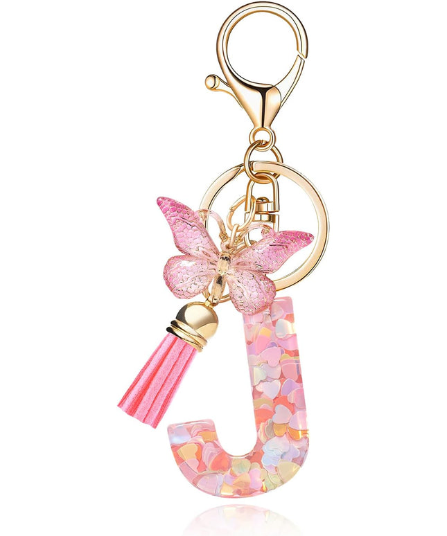 Fashion Alphabet Initial Letter Keychain Tassel Butterfly Pendant Key Ring for Purse Handbags Women Girl