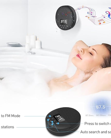 Shower Radio Speaker with Bluetooth 5.0, AGPTEK Waterproof Wireless Bathroom FM with Suction Cup 12H Long Playback Time, Lanyard, LCD Screen Display, Handsfree Calling, Storage Card Playback (Black)
