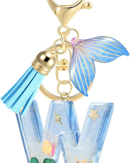 Initial letter Keychains for Women, Ocean Series Avowing Protect Earth Environment, Tassel Cute Car Keychain Initial Key Chain Keyring for Bookbag Handbag Backpack Charm Key Ring Unisex (Letter W)