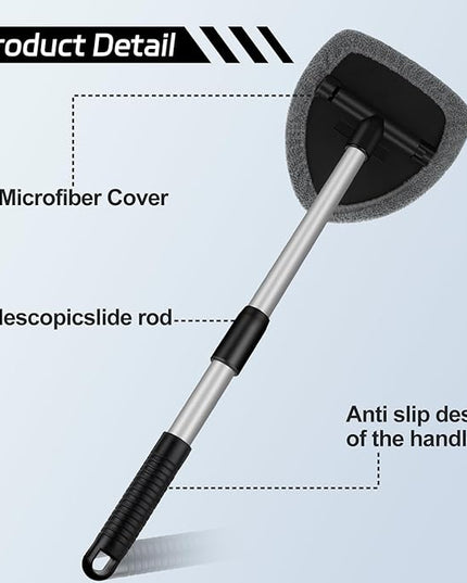 Windshield Cleaner Tool, Car Interior Window Cleaning Tool, Car Wash kit with 4 Reusable Microfiber Pads, 2 Extendable Handle and 2 Spray Bottles, Glass Wiper Kit for Windshield, Home Windows