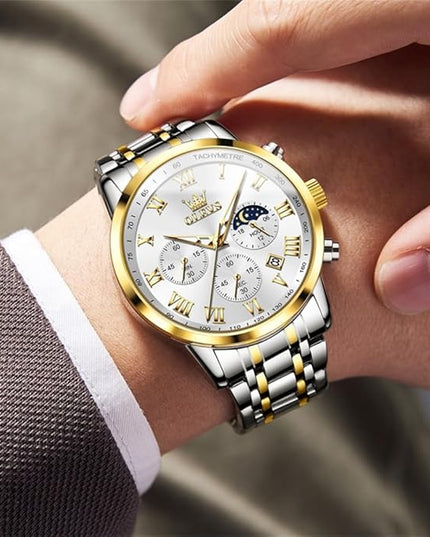 OLEVS Mens Watch Luxury Big Face Stainless Steel Analog Quartz Multifunctional Waterproof Luminous Date Two Tone Fashion Dress Wrist Watches for Man