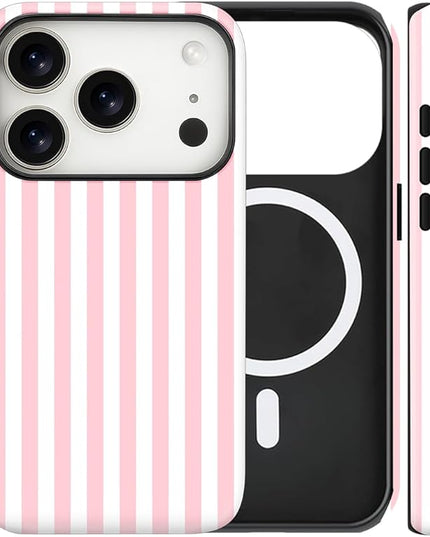 Magnetic for iPhone 17 Pro Max Case Cute Stripes Phone Case, Shockproof Slim TPU and Hard PC Protective Phone Cover Compatible with MagSafe Designed for Women Girls, Pink and White