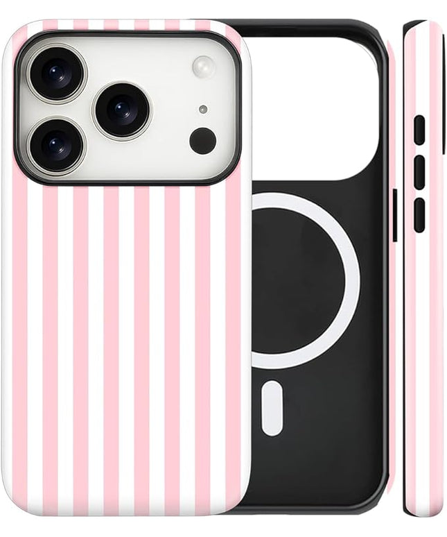Magnetic for iPhone 17 Pro Max Case Cute Stripes Phone Case, Shockproof Slim TPU and Hard PC Protective Phone Cover Compatible with MagSafe Designed for Women Girls, Pink and White