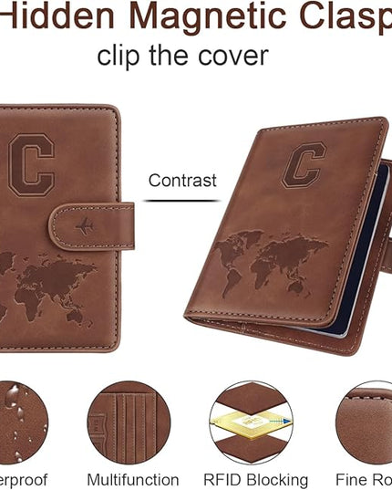 Passport Holder Wallet Cover Personalized Letter A-Z Travel Wallet RFID Blocking Passport Cover Wallet Case for Travel Passport Book Holders for Women and Men, Brown-C
