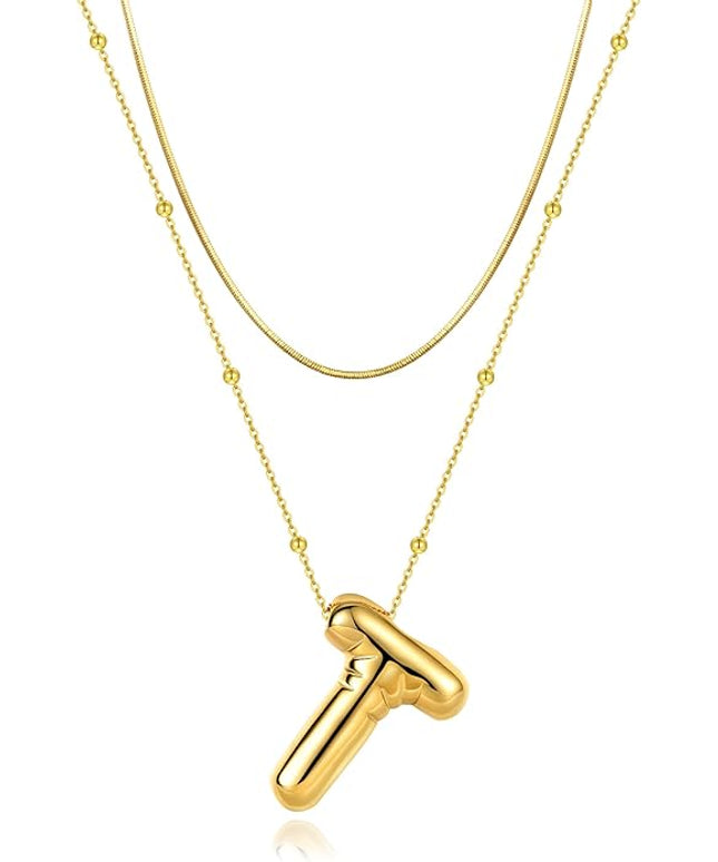 LUCA SMITH Initial Necklaces for Women, Dainty Balloon Bubble Letter, Name Letter Alphabet Pendant Layered Choker Chain Jewelry Gift
