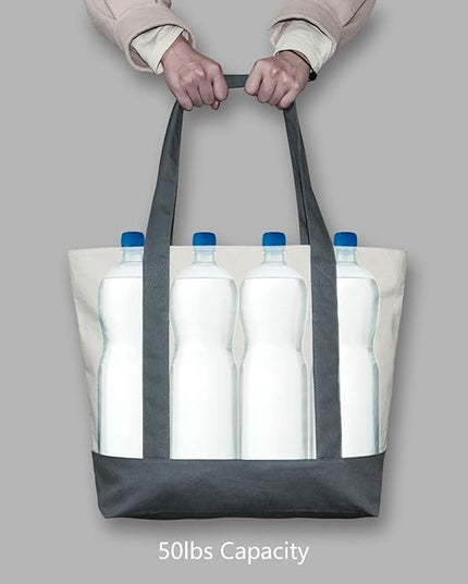 TOPDesign 1-Pack Canvas Tote Bag with an External Pocket, Reusable Grocery Shopping Bag, Top Zipper Closure, Daily Essentials (Grey/Natural)