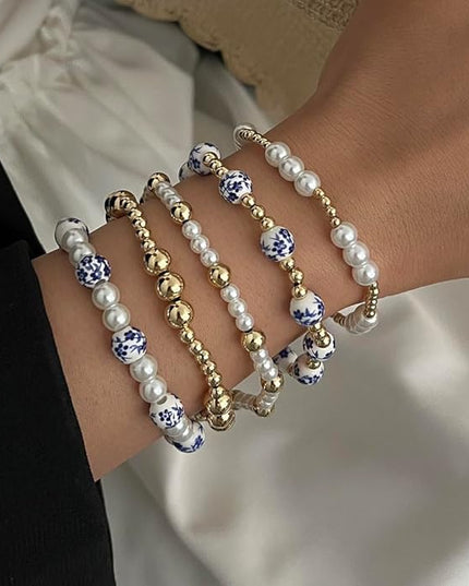 Gold Beaded Bracelets for Women, 14K Real Gold Plated Jewelry for Women Dainty Pearl Bead Bracelets Stack, Non Tarnish Trendy Stackable Ball Cross Stretch Bracelet Set Fashion Accessories Gifts