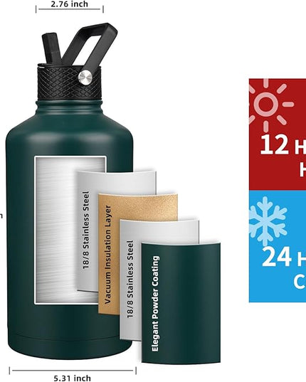 Insulated Water Bottle 87oz,Triple Wall Vacuum Stainless Steel(Dishwasher Safe),Leak Proof & Non-BPA,Flask Jug with Paracord Handle & Straw Spout Lids Sports Green