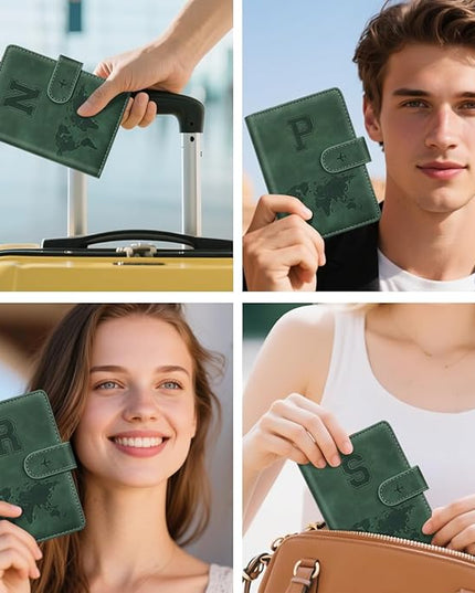 Personalized S Passport Holder Cover Initial Letter Travel Wallet RFID Blocking Passport Cover Credit Card Holder Case Passport Book Holders for Women and Men, Pine Green-S