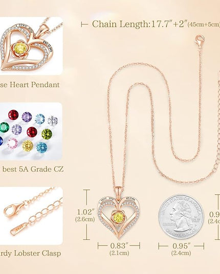 CDE Christmas Gifts for Women S925 Silver Rose Gold Heart Birthstone Necklaces for Women，Ideal Anniversary or Birthday Jewelry Gifts for Wife Girlfriend Her
