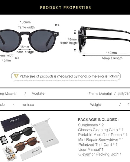 Gleyemor Vintage Polarized Sunglasses for Men Round Sunglasses UV400 Protection Retro Hand-crafted Acetate Frame